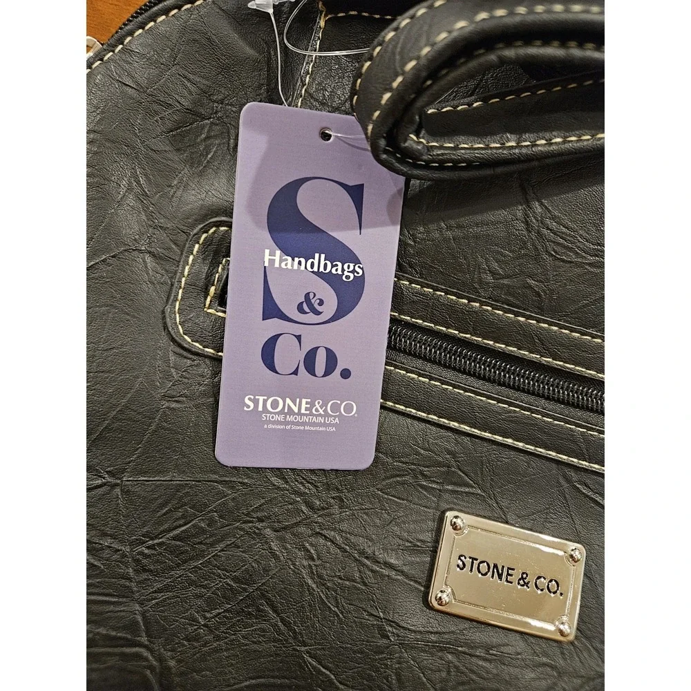 Stone & Co. Nancy Large Dome Satchel Black Purse White‎ Stitch NEW